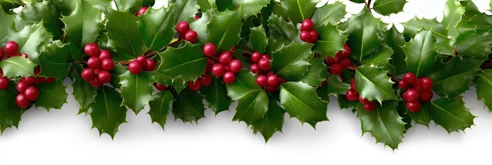 Festive green holly leaves with red berries for christmas decoration