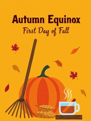 Autumn equinox first day of fall pumpkin rake and hot drink