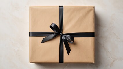 Minimalist Gift Box Wrapped in Beige Paper with Black Satin Ribbon – Neutral Textured Background, Soft Shadows, Top-Down View, Clean Modern Aesthetic, High Resolution