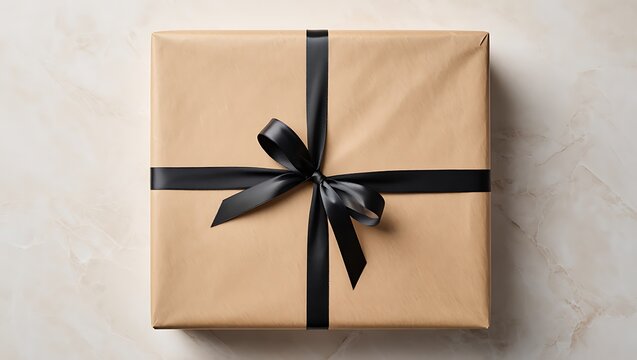 Minimalist Gift Box Wrapped in Beige Paper with Black Satin Ribbon &ndash; Neutral Textured Background, Soft Shadows, Top-Down View, Clean Modern Aesthetic, High Resolution
