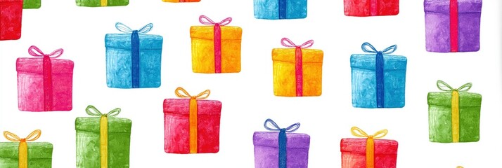 Colorful gift boxes pattern with bows in red, blue, green, yellow, and pink