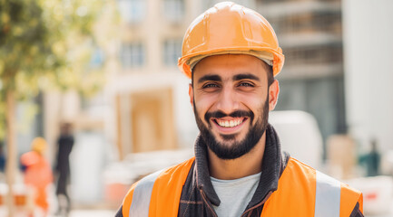 Lachender türkischer Bauarbeiter auf Baustelle in Deutschland