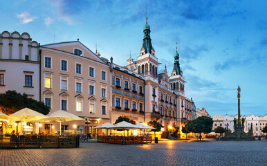 Panorama of town square in Pardubice at night, Czech Republic