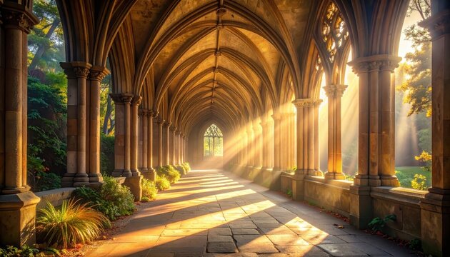 A sunlit colonnade, bathed in golden light, leads through a historical architectural , showcasing intricate details and serene greenery. - Powered by Adobe