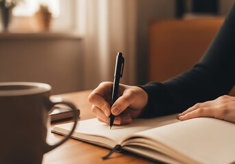 Hand Writing in Notebook with Pen, Coffee Cup, and Natural Light