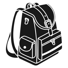 Classic black silhouette of a vintage style backpack with multiple pockets and buckles perfect for school or travel adventures