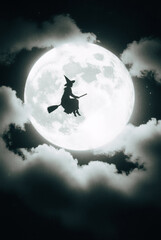 Dramatic silhouette of a witch on a broomstick flying across a glowing moon with clouds. Ideal for Halloween decorations, horror themes, and eerie designs.