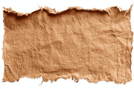 A torn, rectangular piece of light brown, textured paper with frayed edges, isolated on white