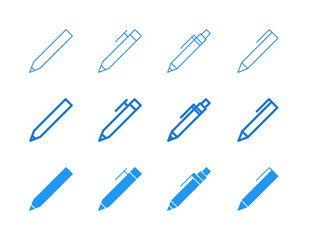 Pen Icon Set in Flat Solid Bold Line and Thin Line Style for Writing and Creativity Symbols