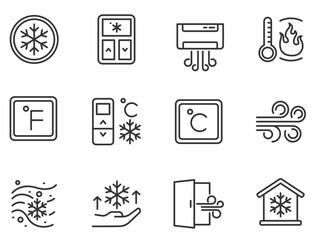 Set of Air Conditioning Vector Line Icons. Air Cooling, Fan, Humidity, Air Circulation, Ventilation. Editable