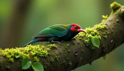 Manakin resting quietly on mossy limb 