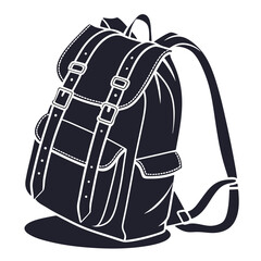 Classic dark blue canvas backpack with leather straps and buckles isolated on white background symbolizing travel and adventure