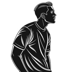 Stylized black and white illustration of a young man in profile wearing a t shirt with a modern haircut looking to the side