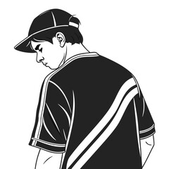 Stylized black and white illustration of a young man wearing a baseball cap and a t shirt looking down thoughtfully with a minimalist aesthetic