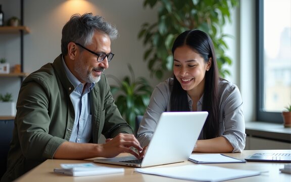 Mid aged Latin male manager mentor teaching young Asian female worker looking at laptop discussing corporate strategy in teamwork, working on computer in office at international team meeting. - Powered by Adobe