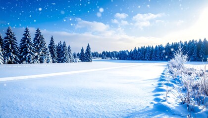 Snowy landscape under a clear blue sky, dotted with evergreens and sparkling snow, a tranquil winter scene