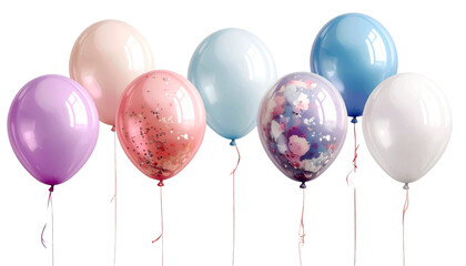 Colorful birthday party balloons flying with ribbons on a white background for a fun celebration