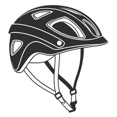 A stylized black and white illustration of a modern bicycle helmet with ventilation holes and adjustable straps for safety and protection during cycling activities