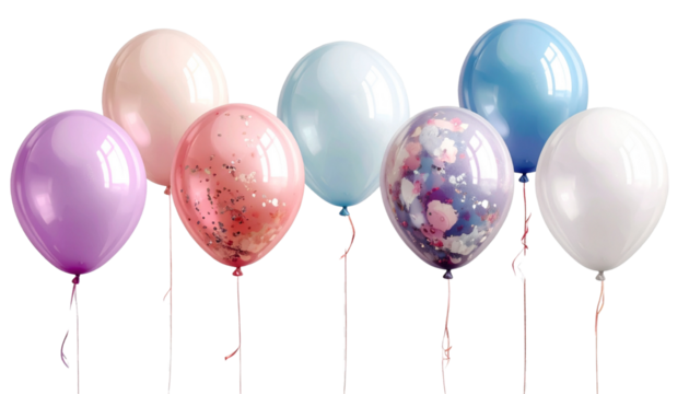 Colorful birthday party balloons flying with ribbons on a white background for a fun celebration