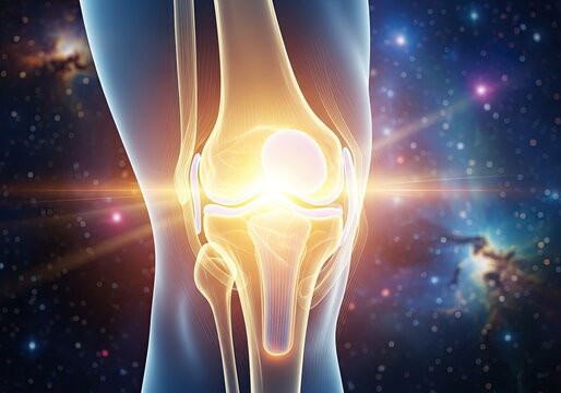 Illustration of anatomical illustration of a human knee joint with glowing patella and ligaments against a cosmic background