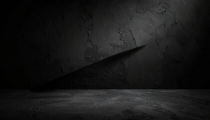 Dark minimalist scene with textured black wall and floor, intersected by a sharp diagonal shadow