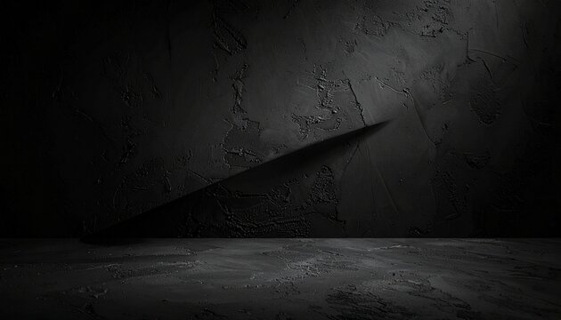 Dark minimalist scene with textured black wall and floor, intersected by a sharp diagonal shadow