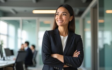 Happy confident young Hispanic professional business woman standing at work in office arms crossed looking away, proud businesswoman leader executive thinking of future career success. High quality