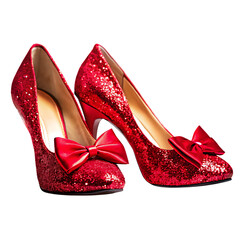 A pair of red glittery high heels with bows sitting next to each other on a black background