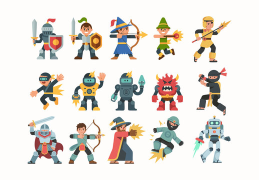 Battle Ready Vector Characters Knight, Ninja, Mage, Robot, Demon