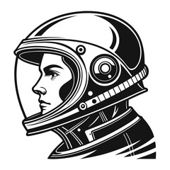 Stylized black and white illustration of a female astronaut s profile wearing a detailed helmet and suit ready for space exploration