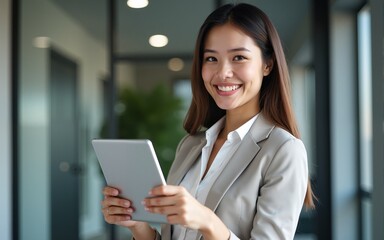 Young happy female company worker, smiling professional business woman corporate manager holding digital tablet technology posing in modern office working, looking at camera, portrait. High quality
