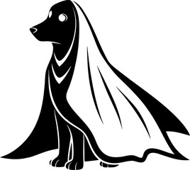 Dog ghost wearing a white sheet. silhouette vector black , white background 