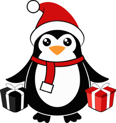 Penguin dressed as Santa with gifts. silhouette vector black , white background 