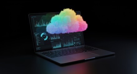 Cloud computing concept visualized with colorful data cloud hovering over a modern laptop displaying graphs and charts on a dark background