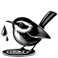 Illustration of a small bird perched on a ripple with water droplets in a black and white style design