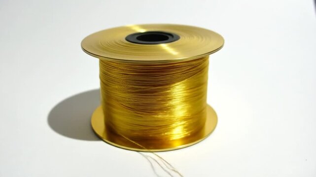 Golden spool of thread against white background