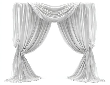 Elegant, flowing white curtains with draped valance and delicate tiebacks, isolated on a white background
