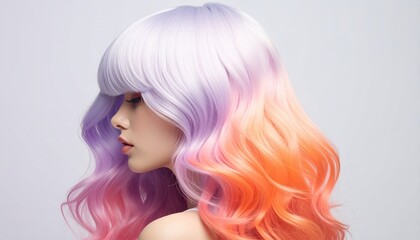 Naklejka premium A side profile portrait showcases vibrant, multi-toned hair, highlighting a beautiful ombre effect with hues of lavender, pink, and orange.