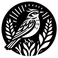 Obraz premium Illustration of a bird perched among wheat stalks inside a circular frame in black and white design