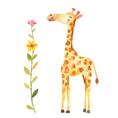 Cute giraffe watercolor art with flowers, children&rsquo;s decorative design.