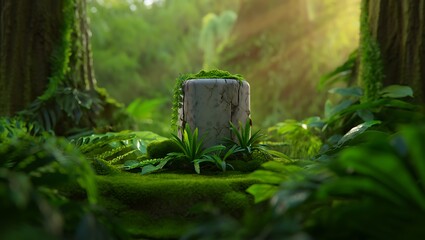Natural Stone Pedestal Surrounded by Tropical Plants and Moss – Forest Background, Soft Sunlight, Atmospheric Lighting, Depth of Field, Jungle Scene, 3D Render or Realistic Photography