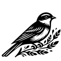 Illustration of a bird perched on a leafy branch in black and white with detailed feather patterns and textures