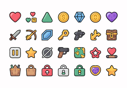 Mobile Game Interface Icon Set Hearts, Coins, Stars, Keys, Weapons