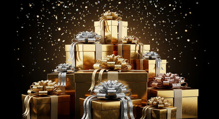Luxury golden gift boxes stacked together decorated with shiny metallic ribbons