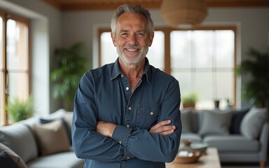Happy confident middle aged senior man standing with arms crossed at home. Smiling older mature 50 years old handsome man looking at camera posing in modern house living room. Vertical portrait.