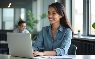 Young happy business woman company employee, marketing manager sitting at desk working on laptop. Pretty female professional worker using computer in corporate modern office looking away and smiling.