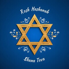 Golden star of david with rosh hashanah greetings on blue background