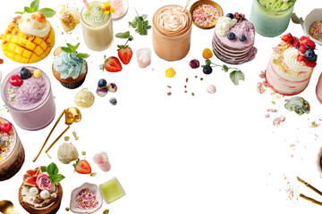 Colorful array of desserts and drinks.  A vibrant display of various treats, from frosted cupcakes and cakes to smoothies and drinks, with sprinkles and berries scattered around