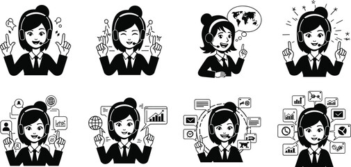 Cartoon female customer support representative, call center agent, business communication, tech interface, online service, help desk, digital assistant