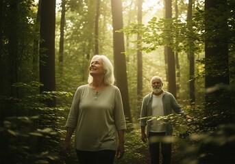 Senior Couple Enjoying a Sun-Dappled Walk Through a Lush, Green Forest